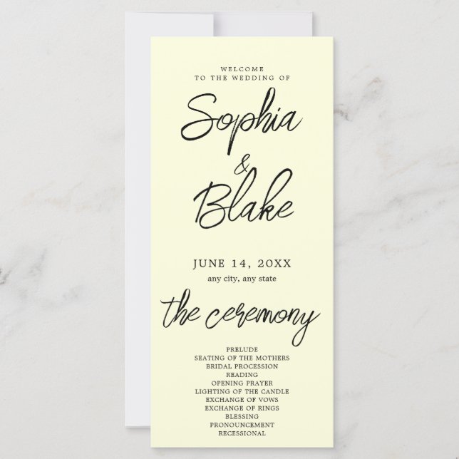 Modernes Minimalistisch-hellgelbes Hochzeitsprogra (Vorderseite)