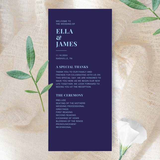 Modernes Minimalistisch Navy Blue Hochzeitsprogram Programm (Von Creator hochgeladen)