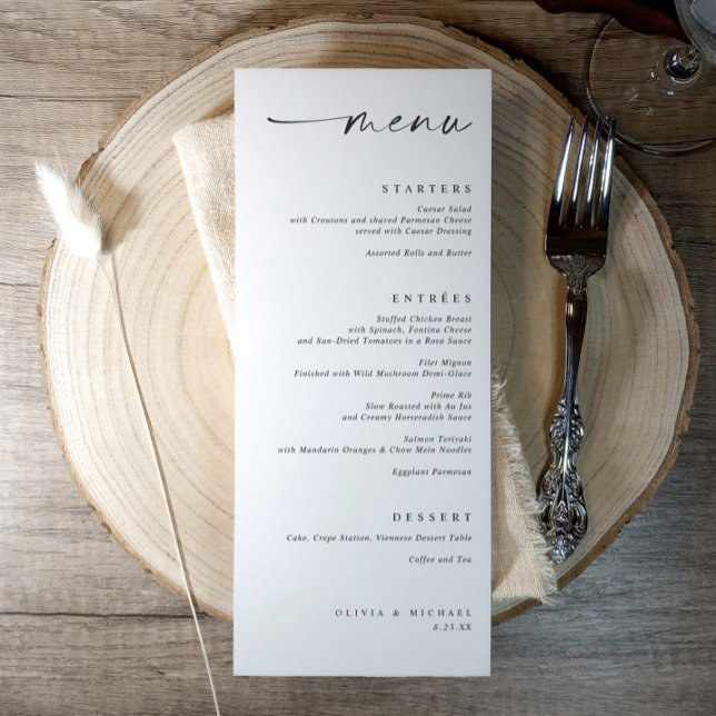 Modernes, Minimalistisch rechts ausgerichtetes Hoc Menükarte (Black and white modern minimalist wedding menu with elegant handwritten script typography)