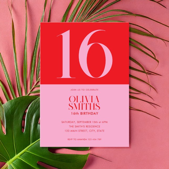 Modernes Minimalistisch rosa Rot 16. Geburtstag Einladung (Von Creator hochgeladen)