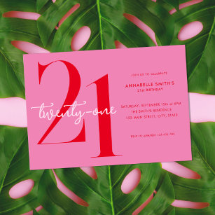 Modernes Minimalistisch rosa Rot 21. Geburtstag Einladung