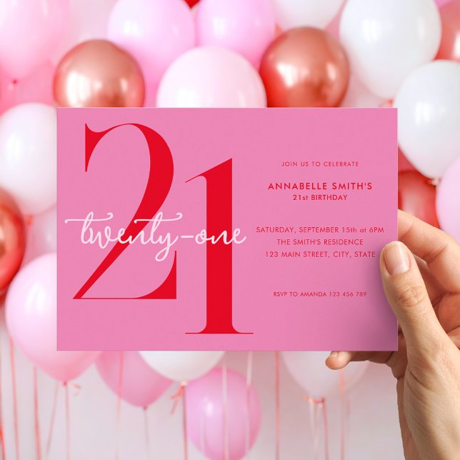Modernes Minimalistisch rosa Rot 21. Geburtstag Einladung (Von Creator hochgeladen)