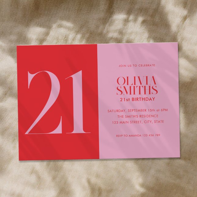 Modernes Minimalistisch rosa Rot 21. Geburtstag Einladung (Von Creator hochgeladen)
