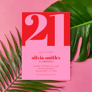 Modernes Minimalistisch rosa Rot 21. Geburtstag Einladung