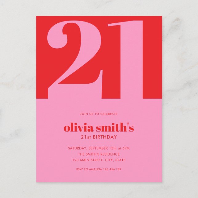 Modernes Minimalistisch rosa Rot 21. Geburtstag Postkarte (Vorderseite)