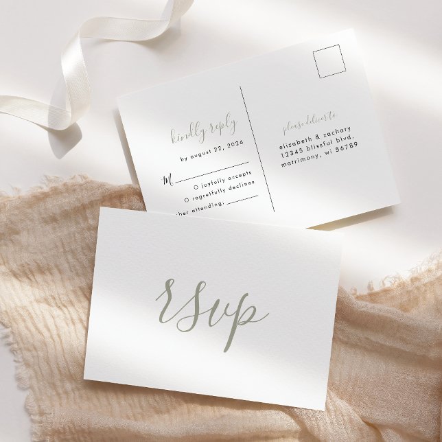Modernes Minimalistisch Sage Green Script Wedding  Postkarte (Von Creator hochgeladen)