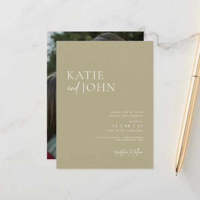 Modernes Minimalistisch Sage Green Wedding Foto Ankündigungspostkarte (Vorderseite/Rückseite Beispiel)