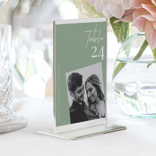 Modernes Minimalistisch Sage Green Wedding Foto Tischnummer