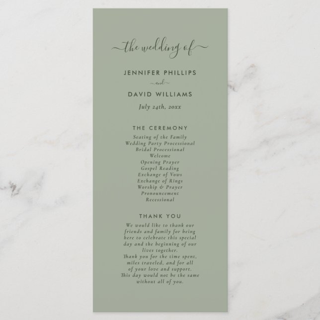 Modernes Minimalistisch Sage Green Wedding Program Programm (Vorderseite)