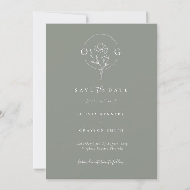 Modernes Minimalistisch Sage Green Wedgram Save The Date (Vorderseite)