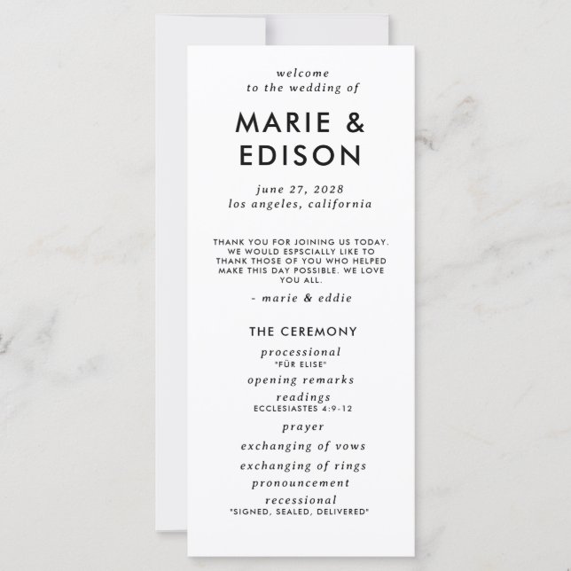 Modernes Minimalistisch Sleek Simple Wedding Progr (Vorderseite)