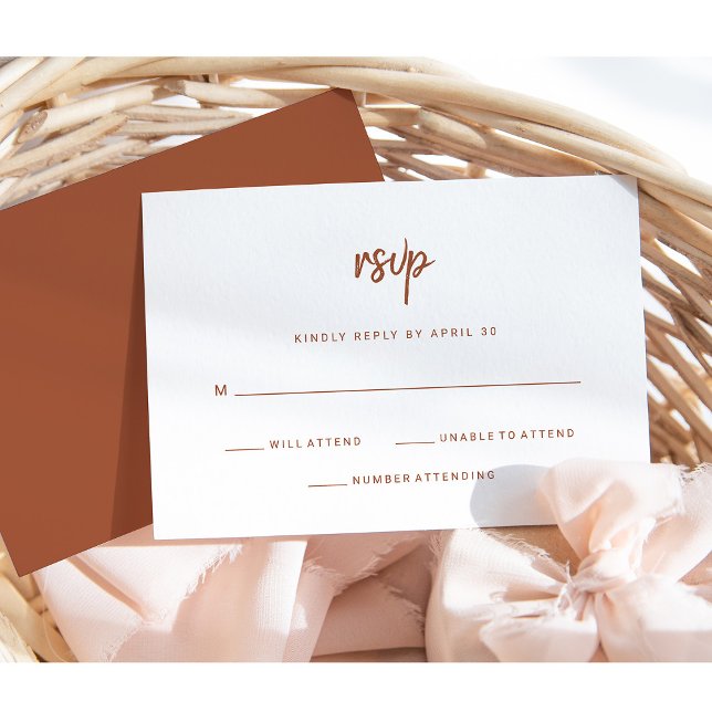 Modernes Minimalistisch | Terracotta Script Weddin RSVP Karte (Von Creator hochgeladen)