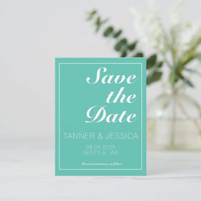 Modernes Minimalistisches Aqua & White Save the Da Date (Stehend Vorderseite)