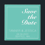 Modernes Minimalistisches Aqua & White Save the Da Magnet<br><div class="desc">Der hübsche,  moderne,  minimalistische und trendige Save the Date Magnet weist einen aqua-blauen Hintergrund (Pantone's 2022 color pick "Cascade") mit weißen,  anpassbaren Textblöcken in modernen Schriftart auf</div>