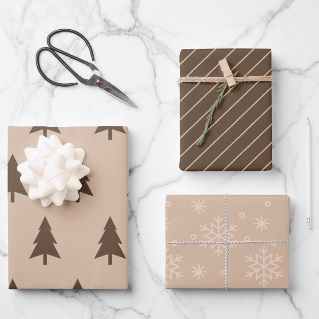 Modernes Minimalistisches Beige & Braun Weihnachts Geschenkpapier Set (Vorderseite)