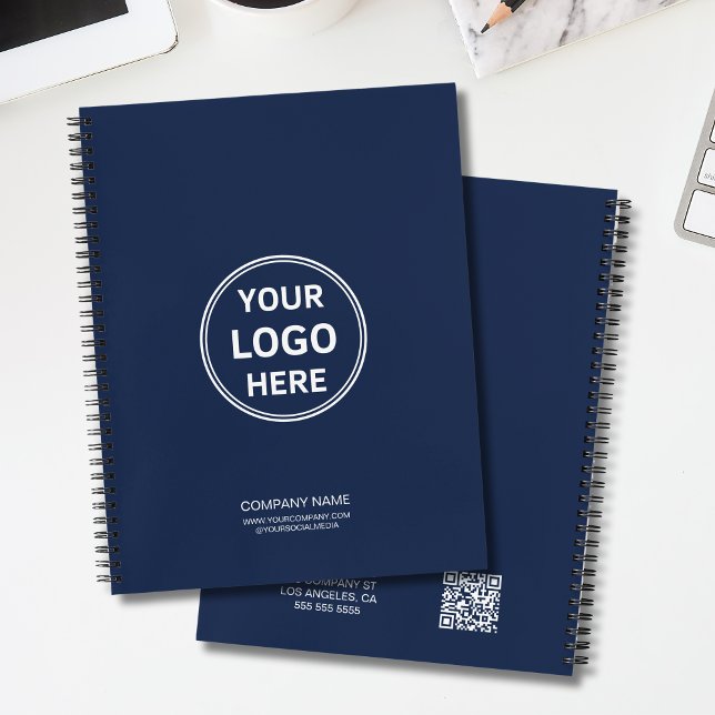 Modernes Minimalistisches Benutzerdefiniertes Logo Notizbuch (Modern Minimal Custom Logo QR Code Navy Blue Notebook)