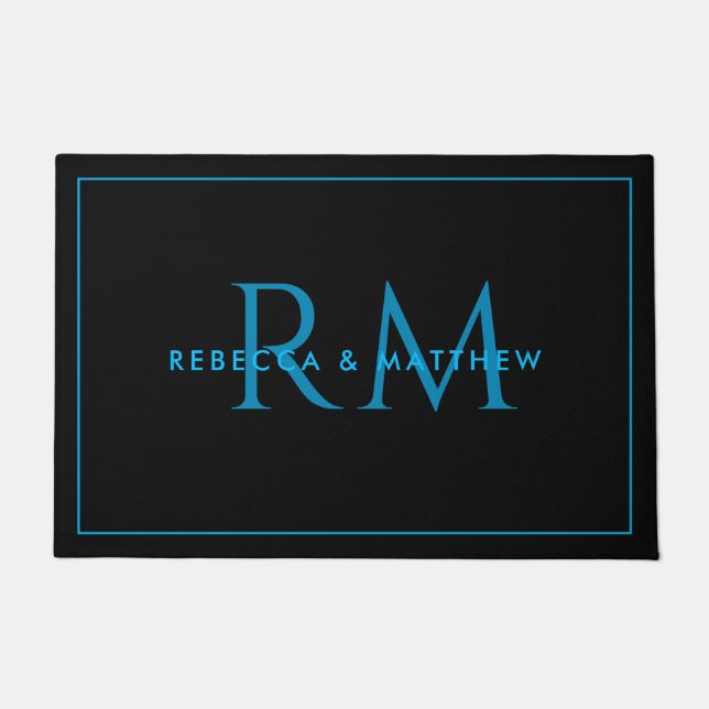 Modernes minimalistisches blau-schwarzes Monogramm Fußmatte (Vorderseite)