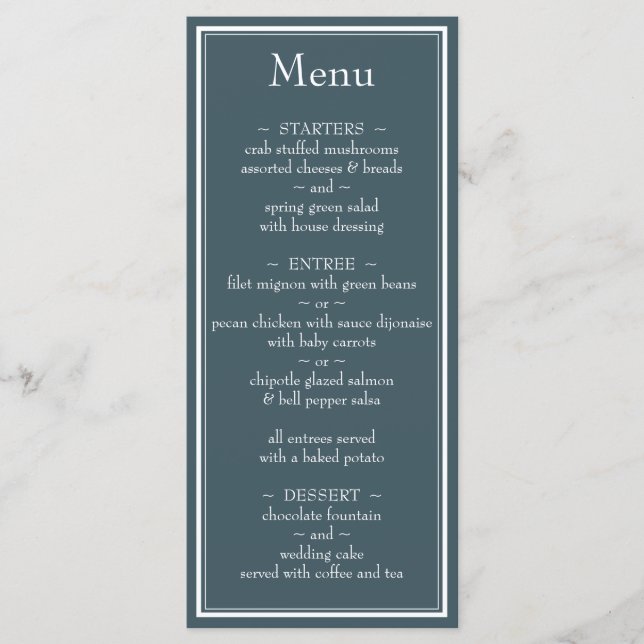 Modernes Minimalistisches Blue Wedding Menu an der Menükarte (Vorderseite)