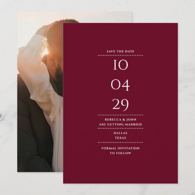 Modernes Minimalistisches Burgundy-Hochzeitsszette Save The Date (Vorne/Hinten)