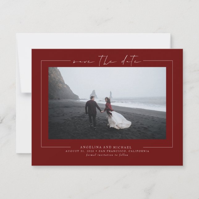 Modernes Minimalistisches Burgundy Rot-Save the Da Save The Date (Vorderseite)
