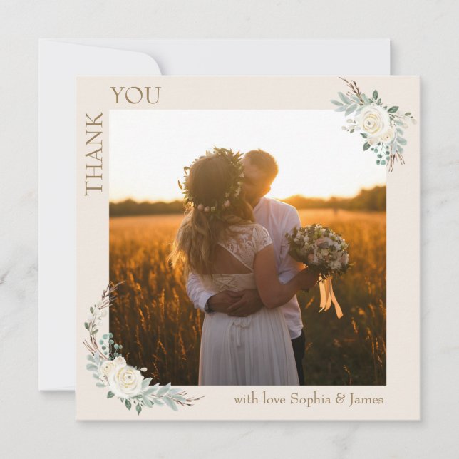 Modernes Minimalistisches Cream Gold Floral Weddin Dankeskarte (Vorderseite)