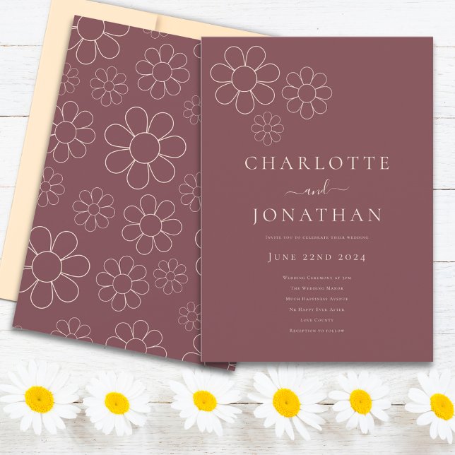 Modernes Minimalistisches Daisy Burgundy Plum Einladung (Retro Minimalist Daisy pattern burgundy plum wedding invitation)