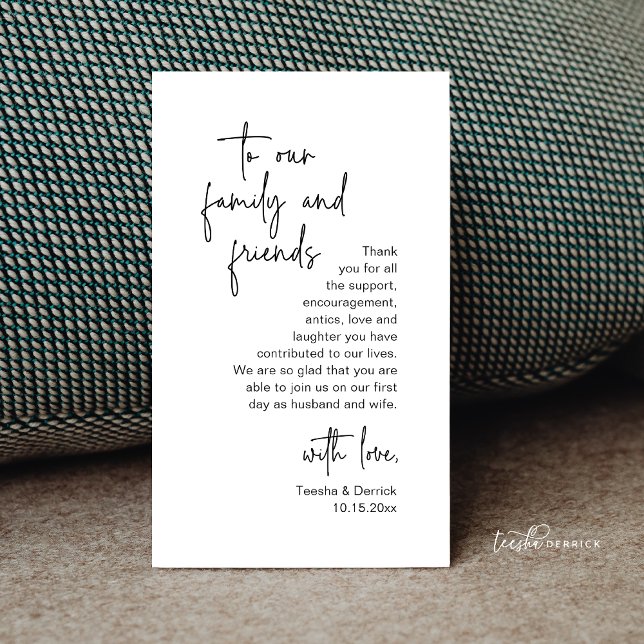 Modernes Minimalistisches Drehbuch, Hochzeit Danke Begleitkarte (Modern Minimalist Script, Wedding Thank you Enclosure Card, to our family and friends)