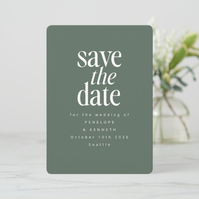 Modernes Minimalistisches dunkles Blatt Green Einf Save The Date (Stehend Vorderseite)