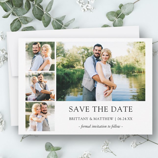 Modernes Minimalistisches Einfaches 4 Foto Save The Date (Customize to change text size, style or to add more text & photos to back of card.)