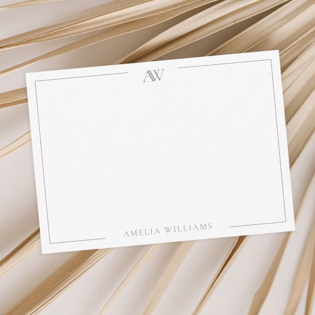 Modernes Minimalistisches elegantes Monogramm Mitteilungskarte (Modern Minimalist Elegant Monogram Note Card Gray)