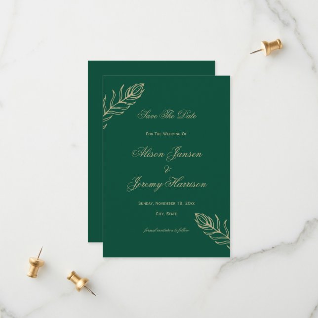 Modernes Minimalistisches Emerald & Gold Botanisch Save The Date (Vorderseite/Rückseite Beispiel)