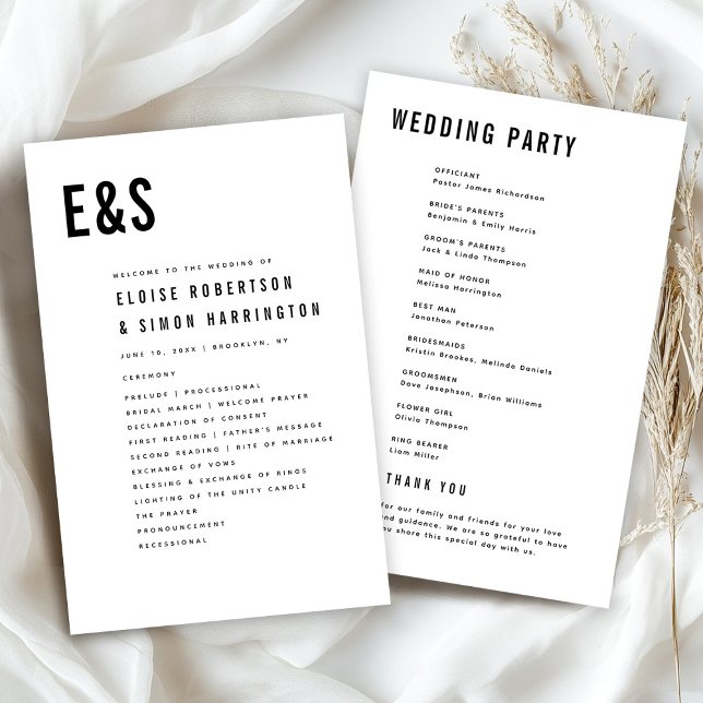 Modernes Minimalistisches, feines Monogramm-Hochze (Modern Minimalist Bold Monogram Classic Retro Wedding Program)