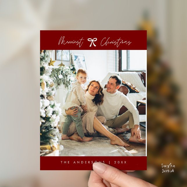 Modernes Minimalistisches Foto für Familien, Burgu Postkarte (Modern Minimalist Family Photo, Burgundy red wine Bow theme Postcard)