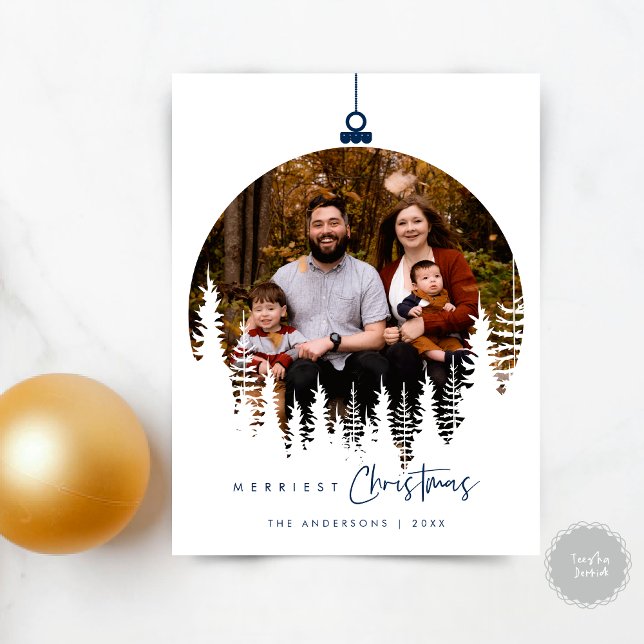 Modernes, Minimalistisches Foto für Weihnachten Postkarte (Merriest Christmas Family Photo, Season Greeting Wishes Ball Layover Postcard, in Navy Blue)