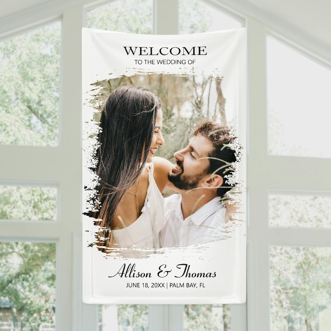 Modernes Minimalistisches Foto Hochzeit Willkommen Banner (Add elegance to your wedding with a fancy vertical banner, perfect for stunning decor and photos!)