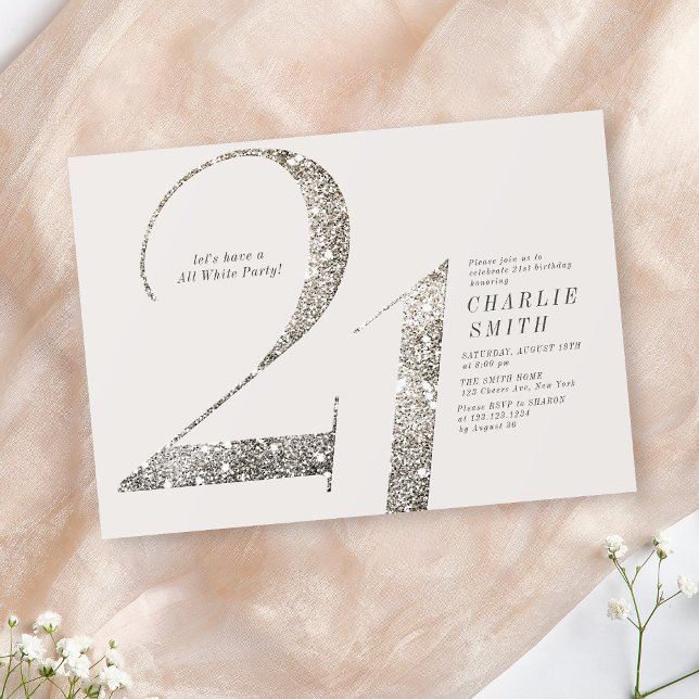 Modernes, minimalistisches, ganz weißes Party 21.  Einladung (Modern minimalist all white party 21st birthday invitation)