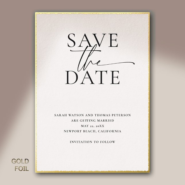 Modernes, Minimalistisches Gold-Hochzeitdatum Gere Folieneinladung (modern minimalist simple wedding save the date typography calligraphy black white gold foil template)
