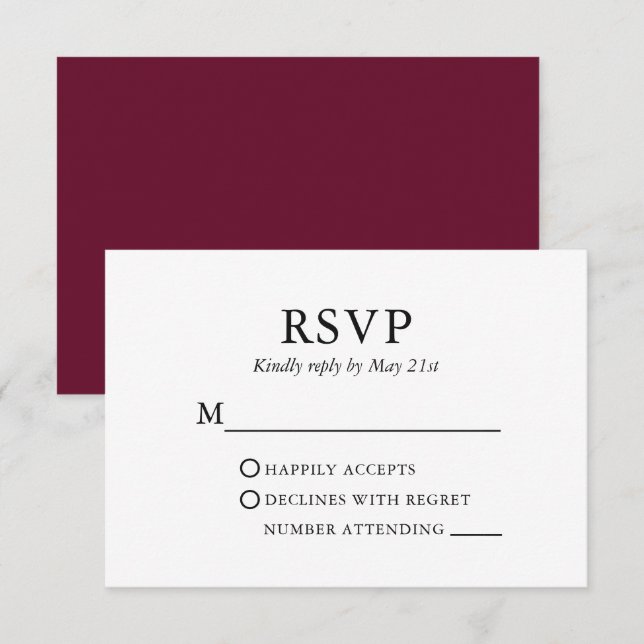 Modernes Minimalistisches Hochzeitburgund RSVP Karte (Vorne/Hinten)