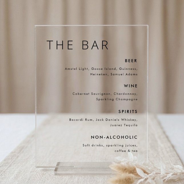 Modernes Minimalistisches Hochzeitmenü mit Bar Acrylschild (Von Creator hochgeladen)