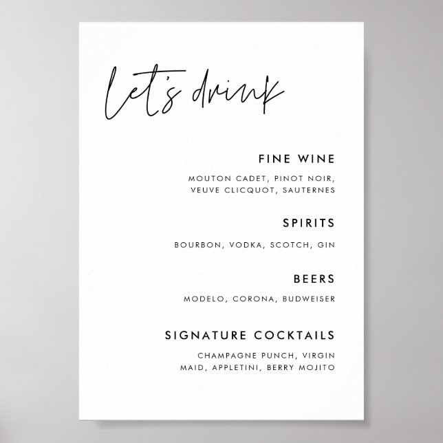Modernes Minimalistisches Hochzeitsmenü Bar Poster (Vorne)