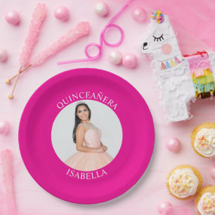 Modernes Minimalistisches Hot Pink Quinceñera Foto Pappteller