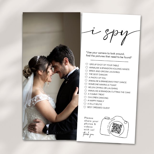 Modernes Minimalistisches I spy Hochzeitsspiel Sha Menükarte (Von Creator hochgeladen)