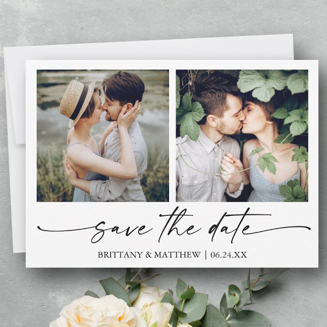 Modernes Minimalistisches Ink Script 2 Foto Save The Date (Customize to change your personalized text size or text style.)