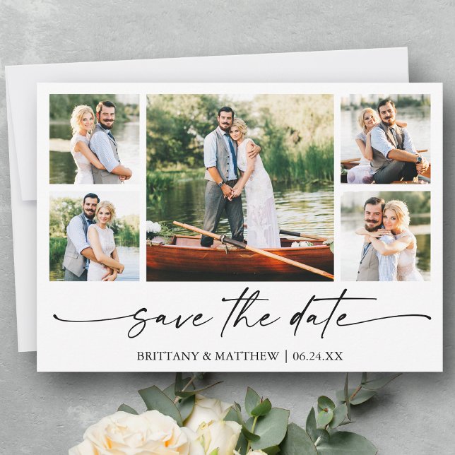 Modernes Minimalistisches Ink Script 5 Foto Save The Date (Customize to change your personalized text size or text style.)