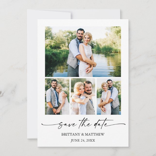 Modernes Minimalistisches InkScript Couple 4 Fotos Save The Date (Vorderseite)