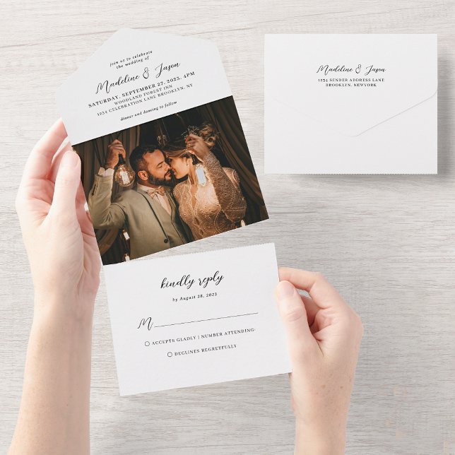 Modernes Minimalistisches kalligrafisches Foto Wed All In One Einladung (Von Creator hochgeladen)