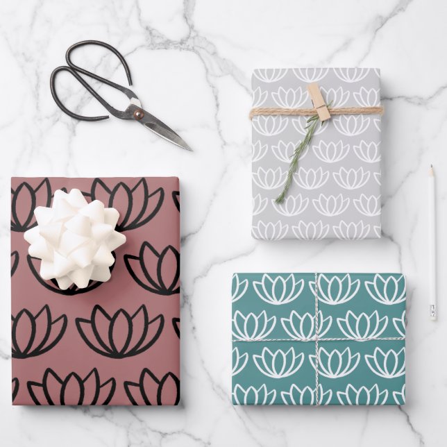 Modernes Minimalistisches Lotus Blume Muster Geschenkpapier Set (Vorderseite)