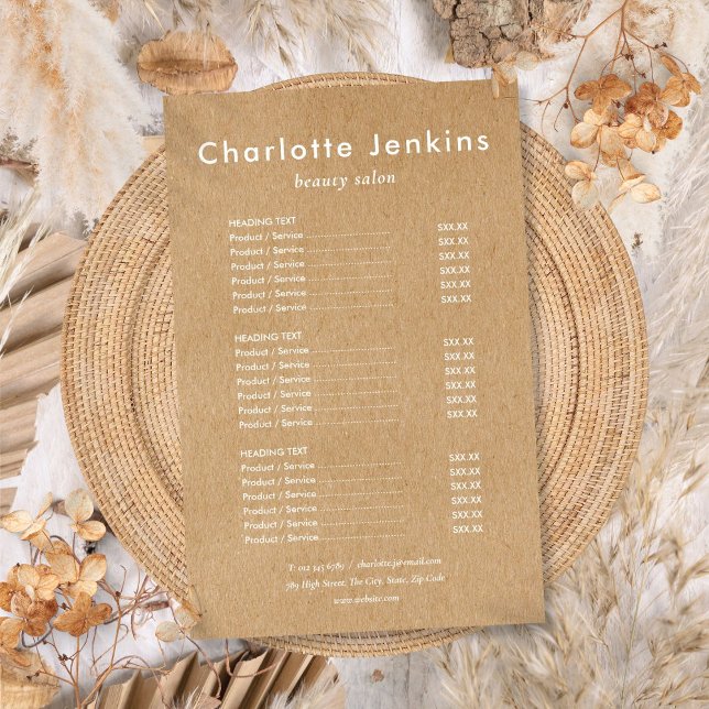 Modernes Minimalistisches Menü des Kraft Salons (Modern Minimalist Rustic Kraft Salon Service Menu Flyer)
