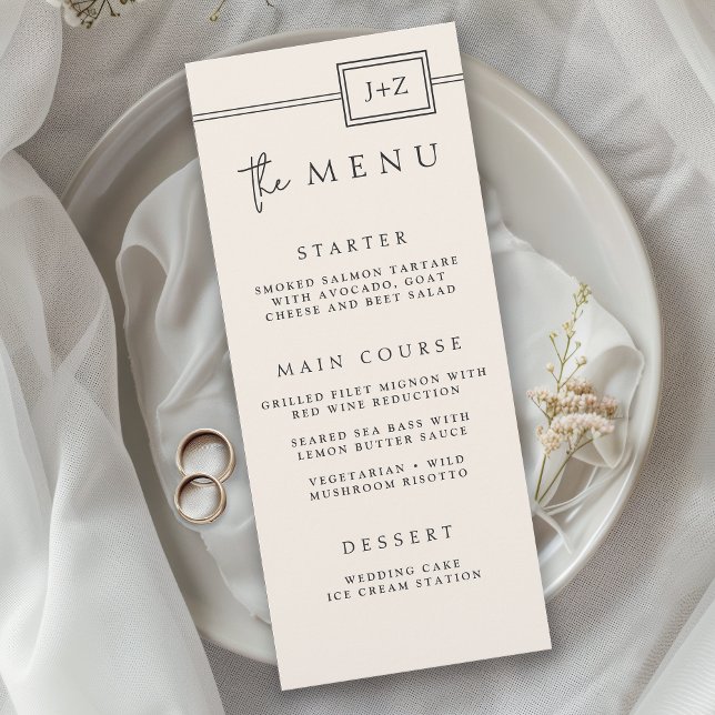 Modernes, Minimalistisches Monogram-Hochzeitmenü f Menükarte (Von Creator hochgeladen)