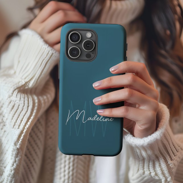 Modernes Minimalistisches Monogramm Blau Case-Mate iPhone Hülle (Modern Minimal Personalized Monogram Blue iPhone case by MINTIC DESIGN STUDIO)